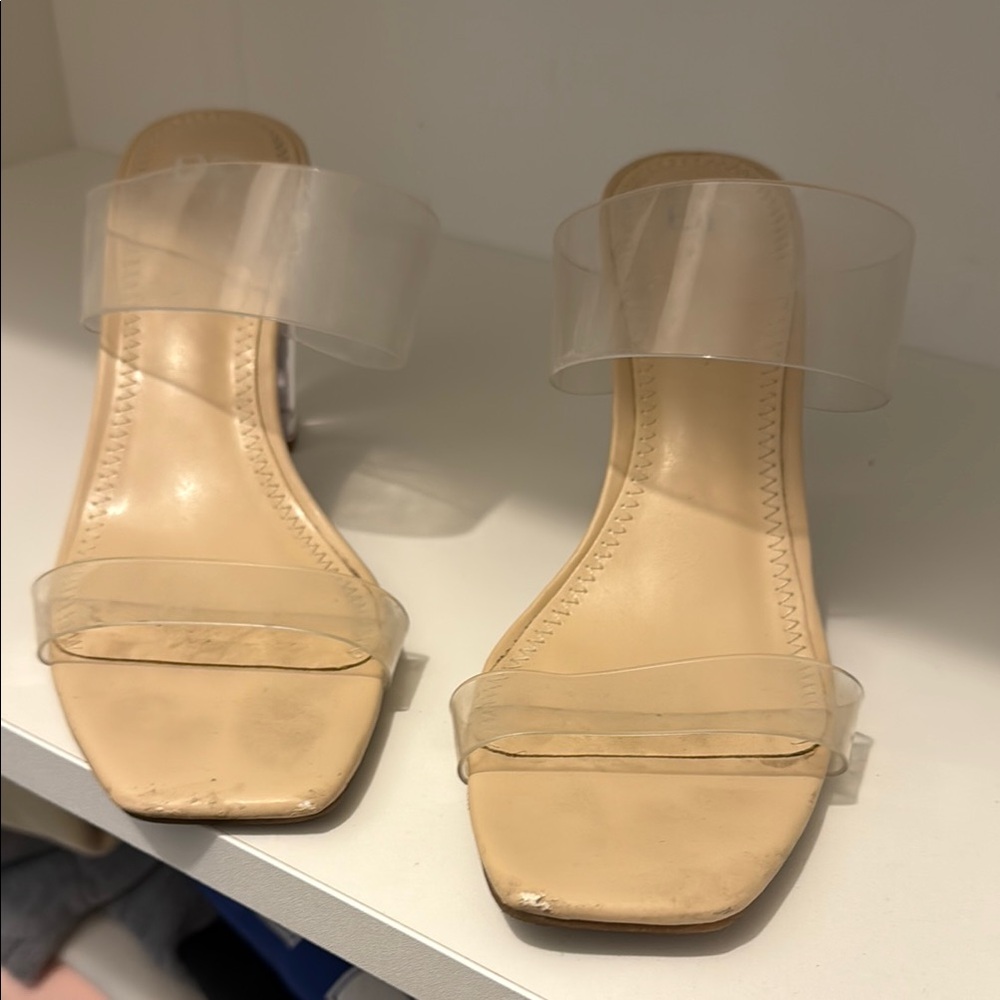 BP Cream and White Heels with Modern Square-Toe Design